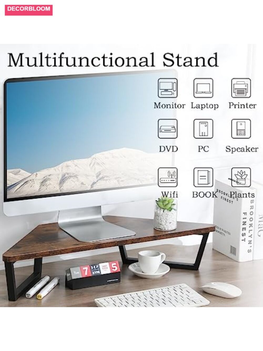 Triangle Corner Monitor Stand Riser with Keyboard Storage, Espresso - Picture 5 of 6